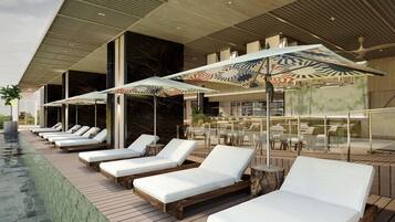Outdoor pool, pool umbrellas, pool loungers