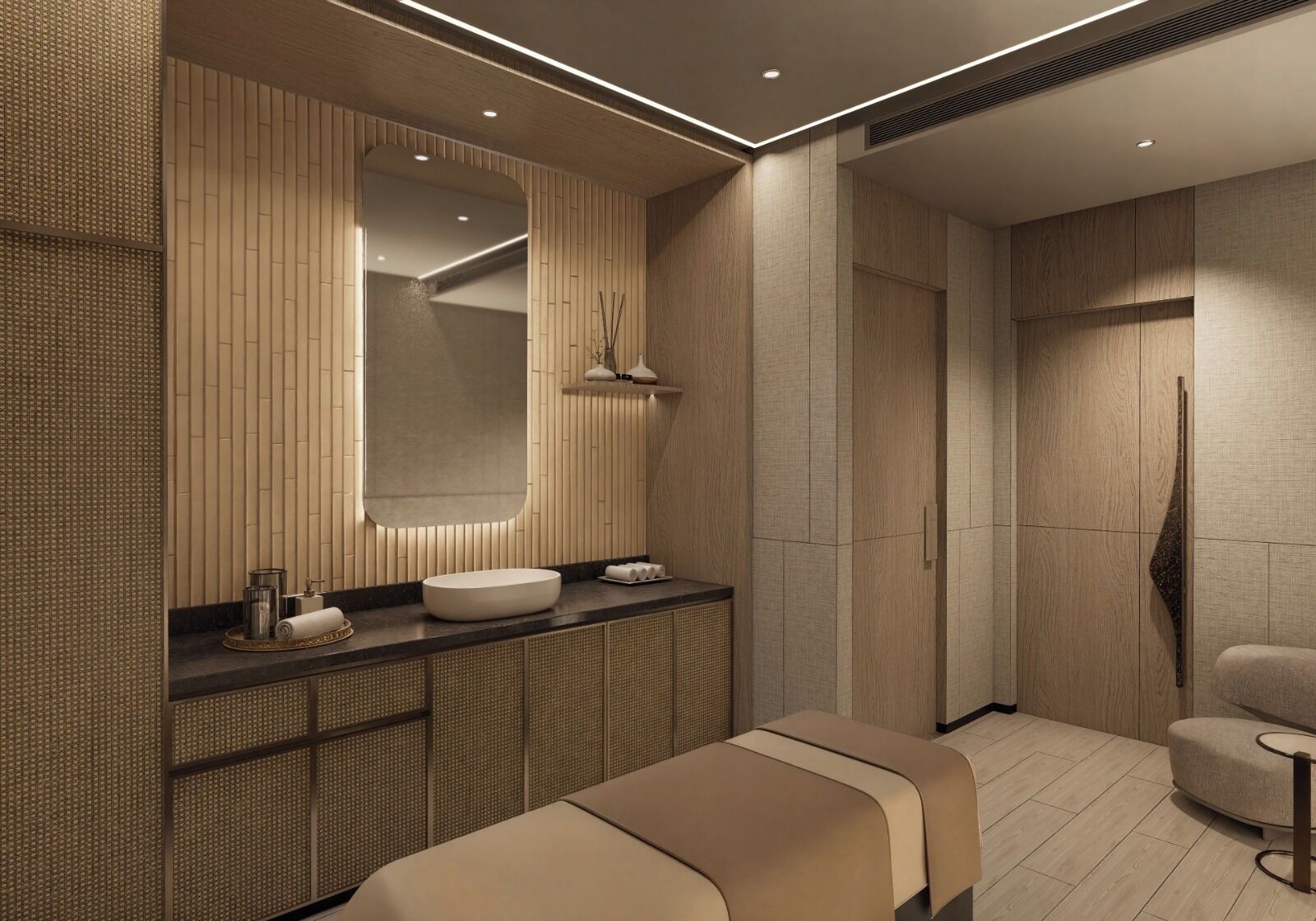A modern bathroom with a large mirror, a round sink, a bench, and a shower area.