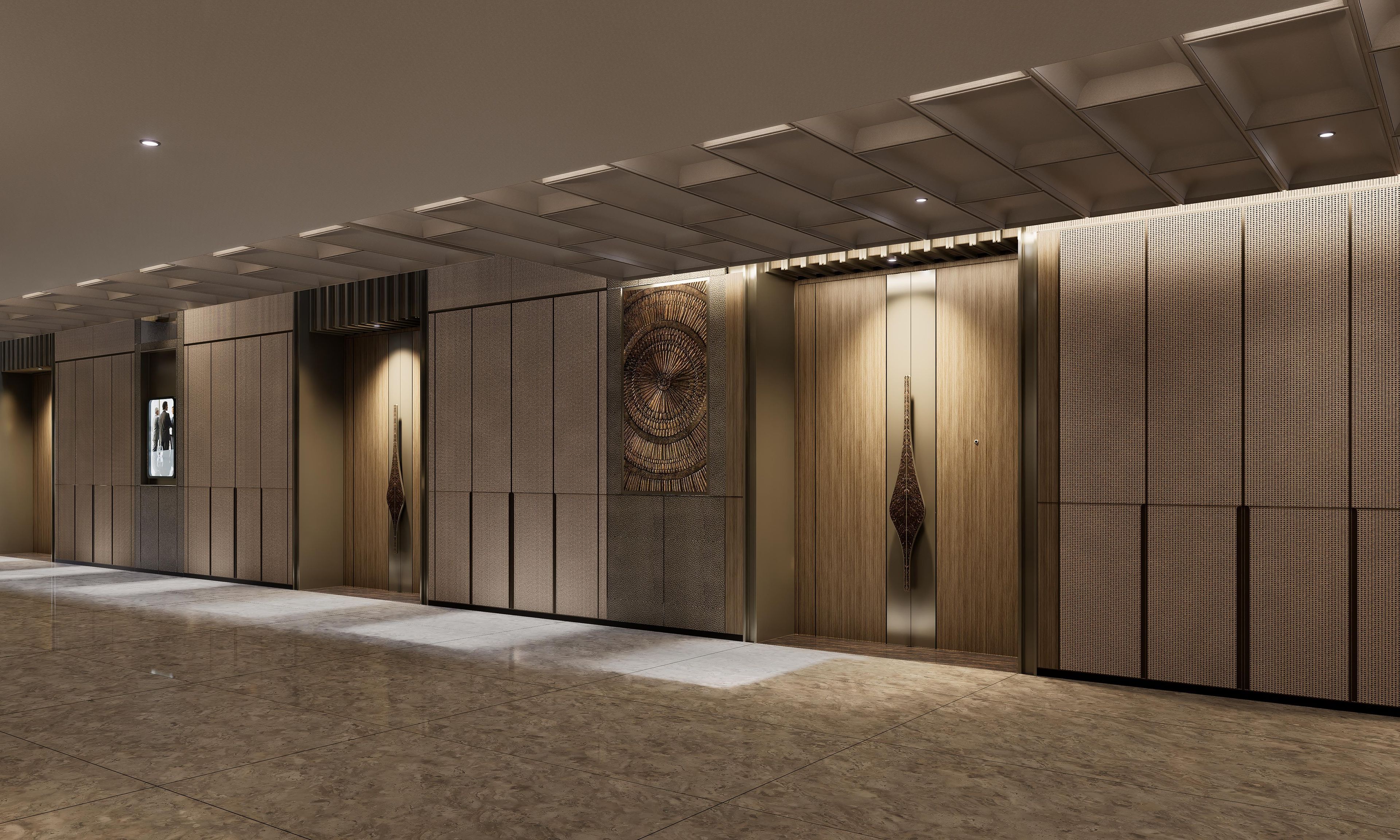 A modern hallway with a patterned wall, a digital display, and a door with a unique handle.