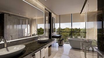 Phòng Suite Deluxe, 1 giường cỡ king | Phòng tắm | Bồn tắm và buồng tắm vòi sen riêng, vòi sen phun mưa