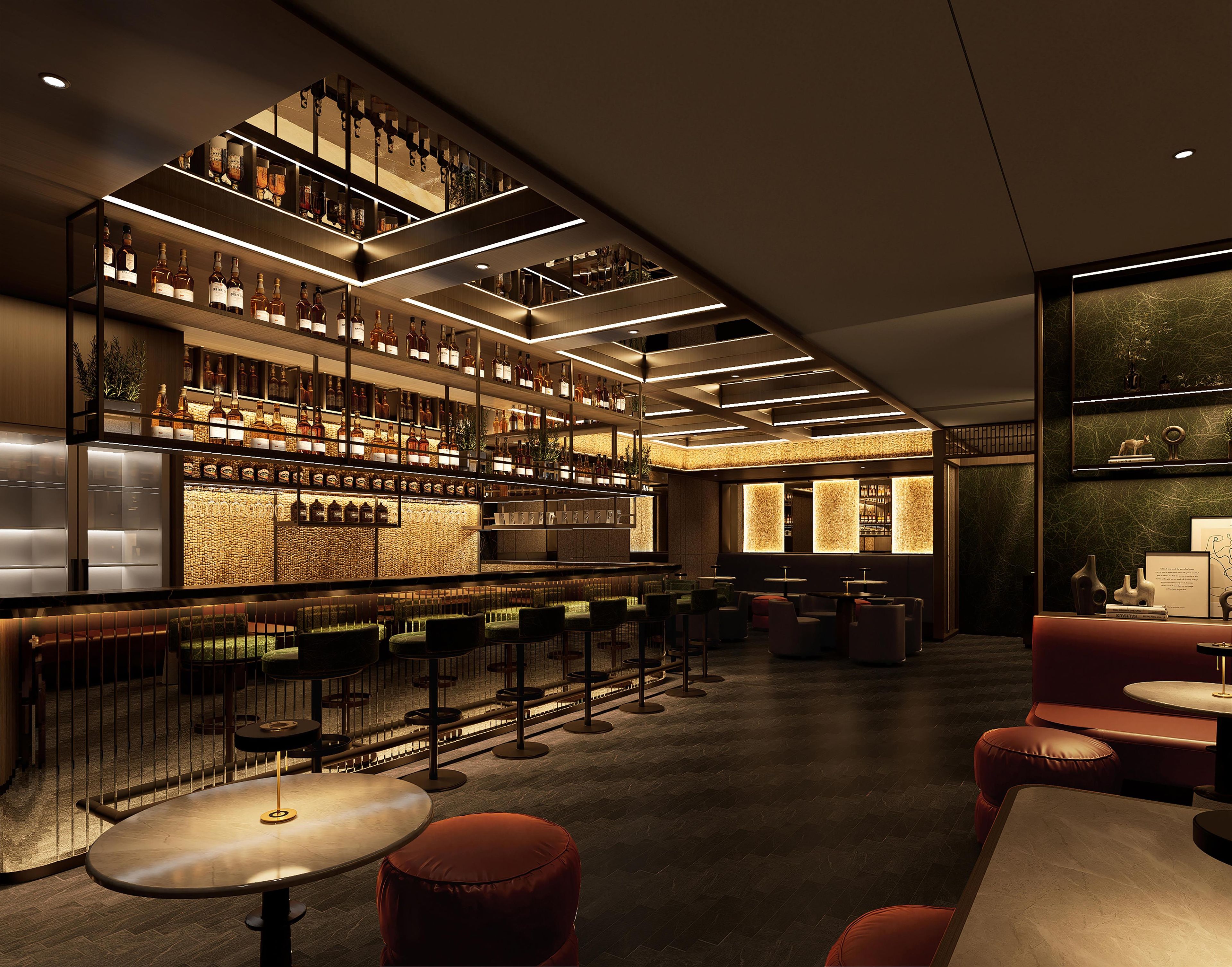 A bar area with multiple shelves of bottles, seating with round tables, and a modern interior design.