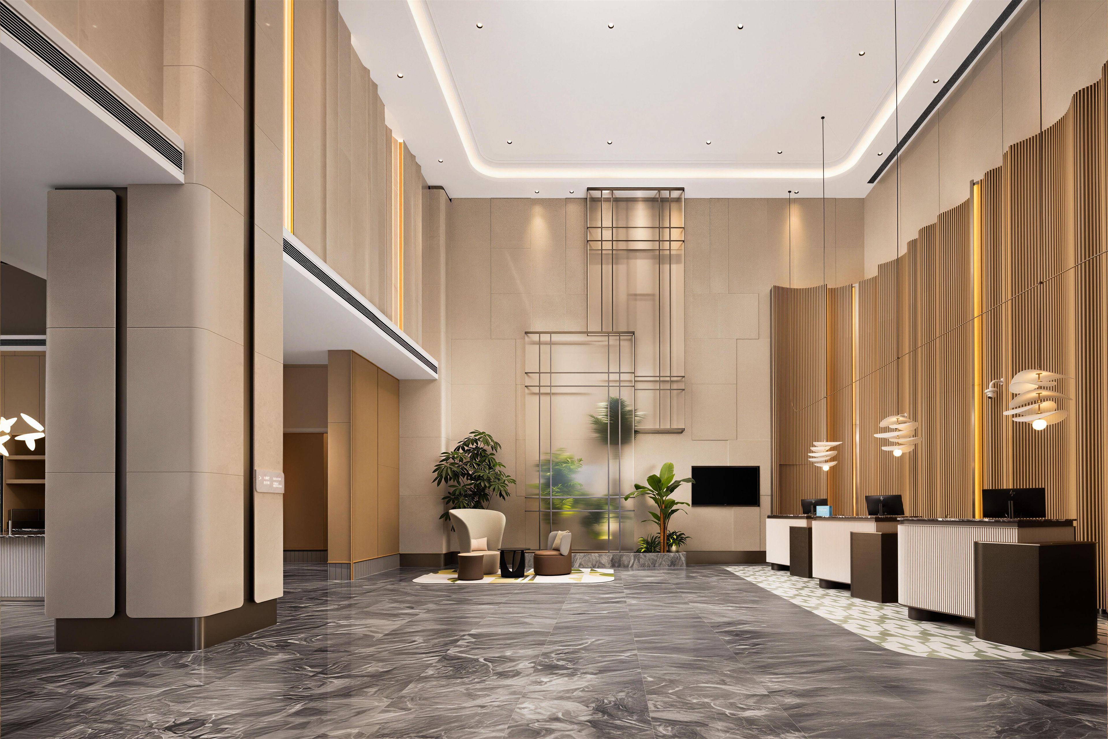 Um lobby moderno com balcão de recepção, área de estar e uma grande planta.