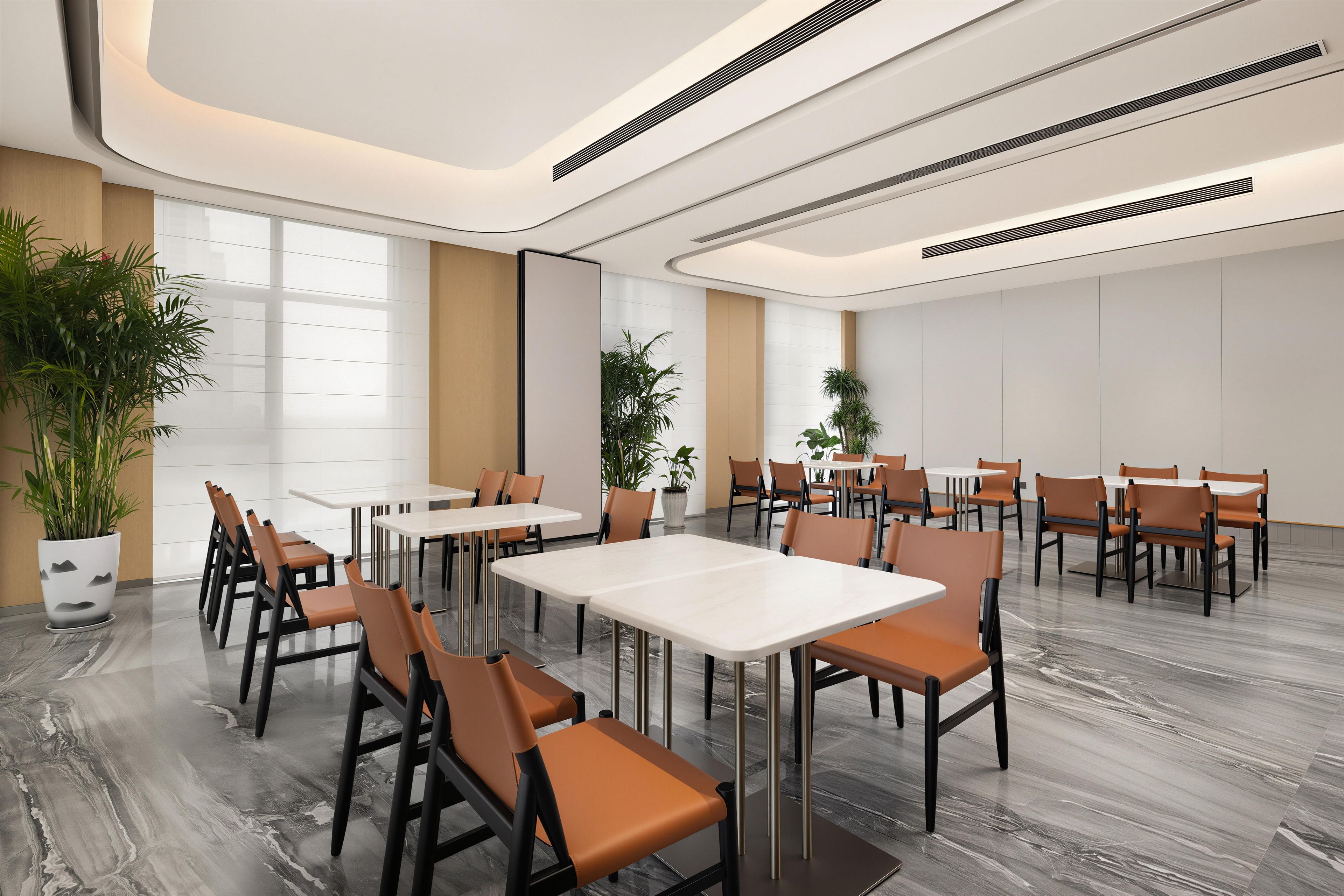 A modern conference room with white tables and brown chairs, large windows, and potted plants.