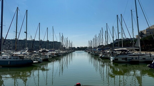 Een jachthaven met veel boten afgemeerd langs een rustig vaarwater, omringd door gebouwen.