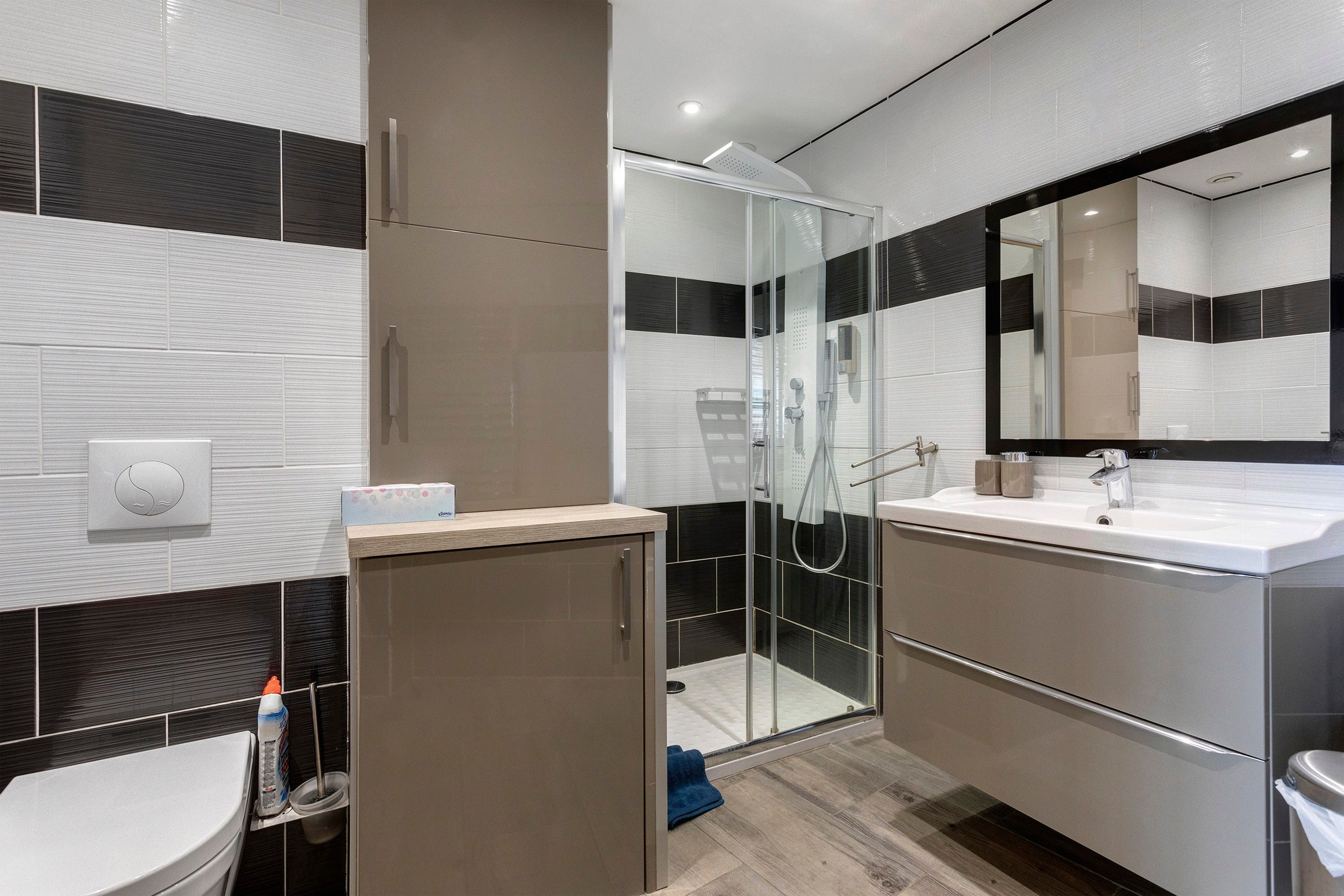 Une salle de bain moderne avec une douche à parois de verre, un lavabo avec un miroir et des toilettes.