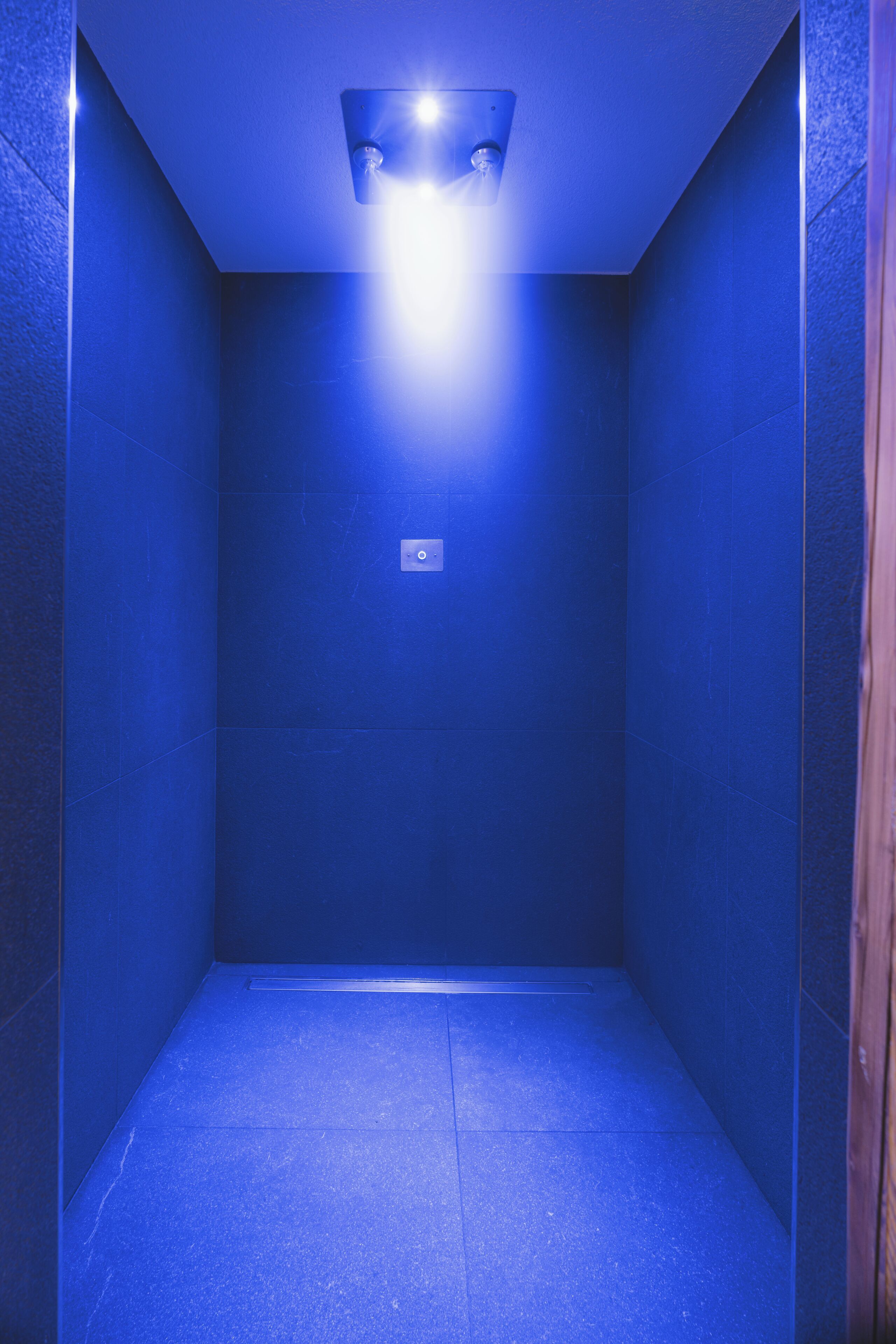 A small, enclosed space with a blue hue, a light fixture on the ceiling, and a control panel on the wall.