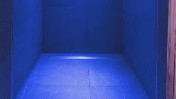 A small, enclosed space with a blue hue, a light fixture on the ceiling, and a control panel on the wall.
