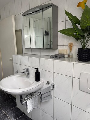 Un baño con lavamanos blanco, un espejo, un perchero para toallas y una planta en maceta.