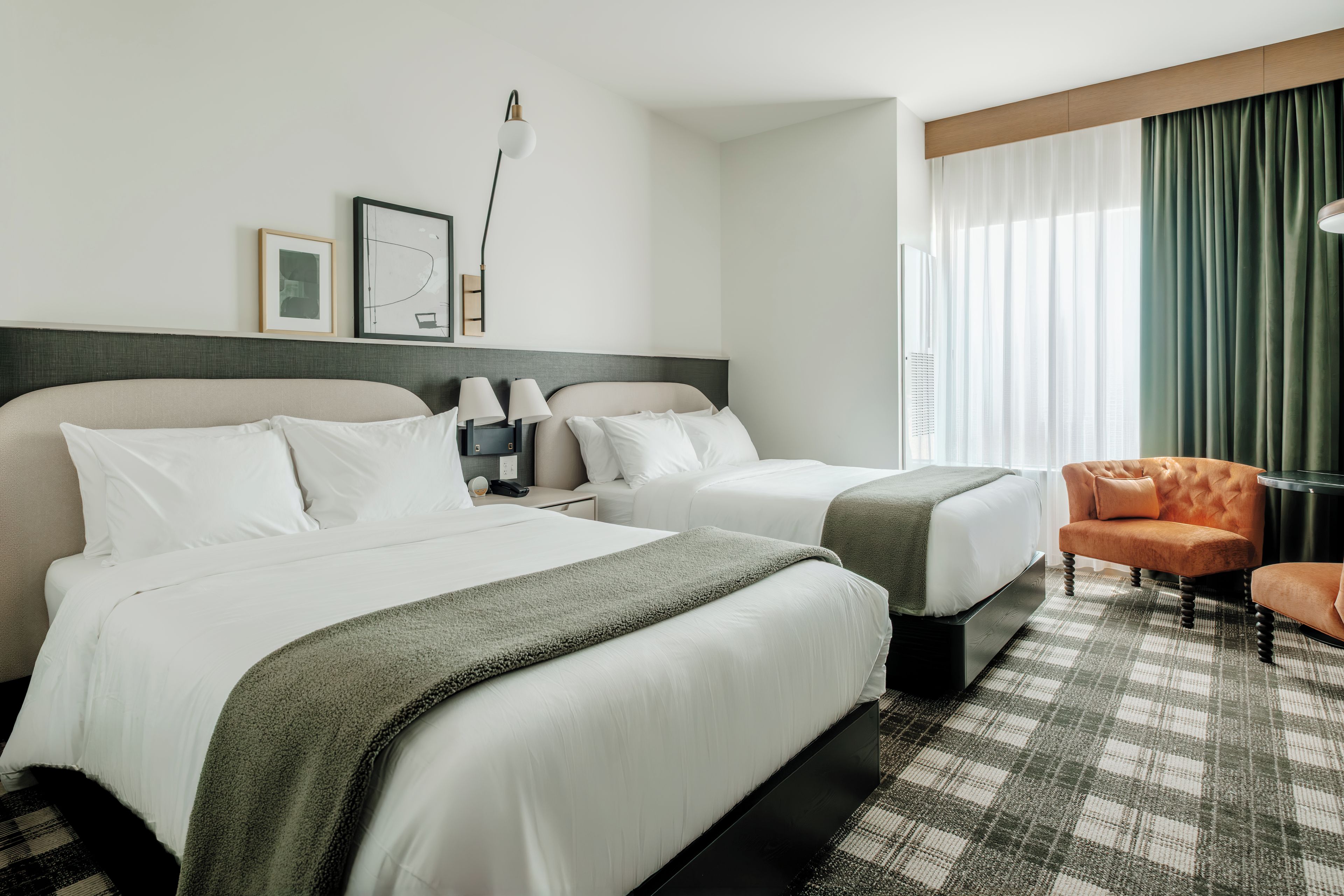 Premium bedding, down comforters, desk, laptop workspace