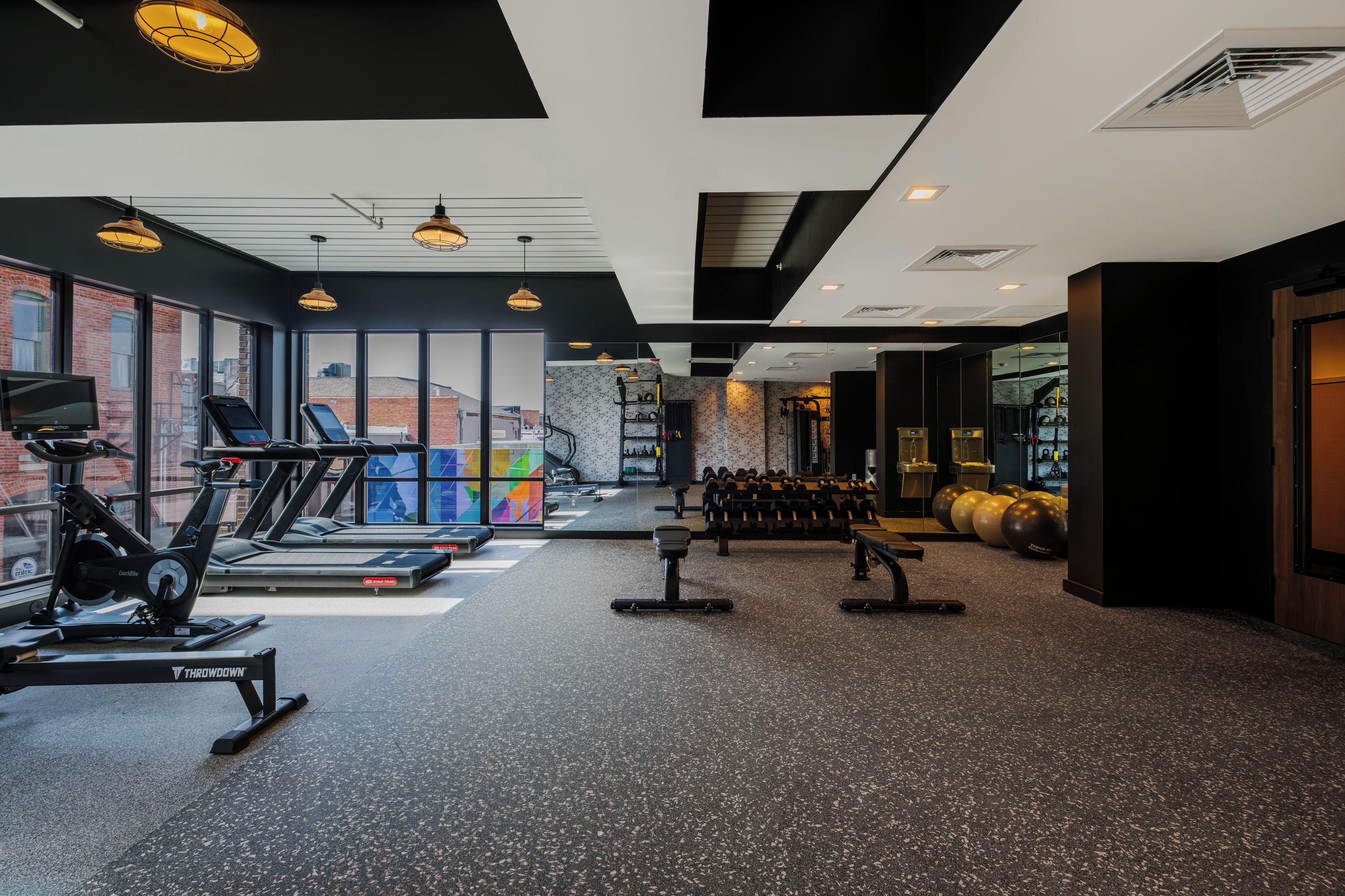 A gym with treadmills, dumbbells, and exercise balls.
