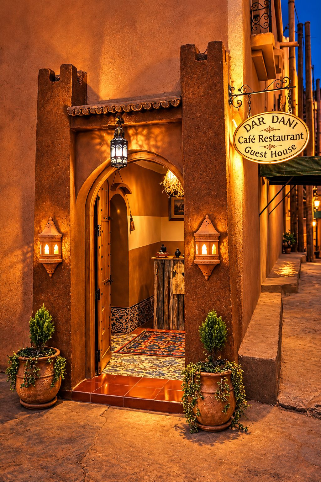 Entrada de um edifício tradicional marroquino, com uma placa indicando 'Dar Danni Café Restaurante Guest House'.