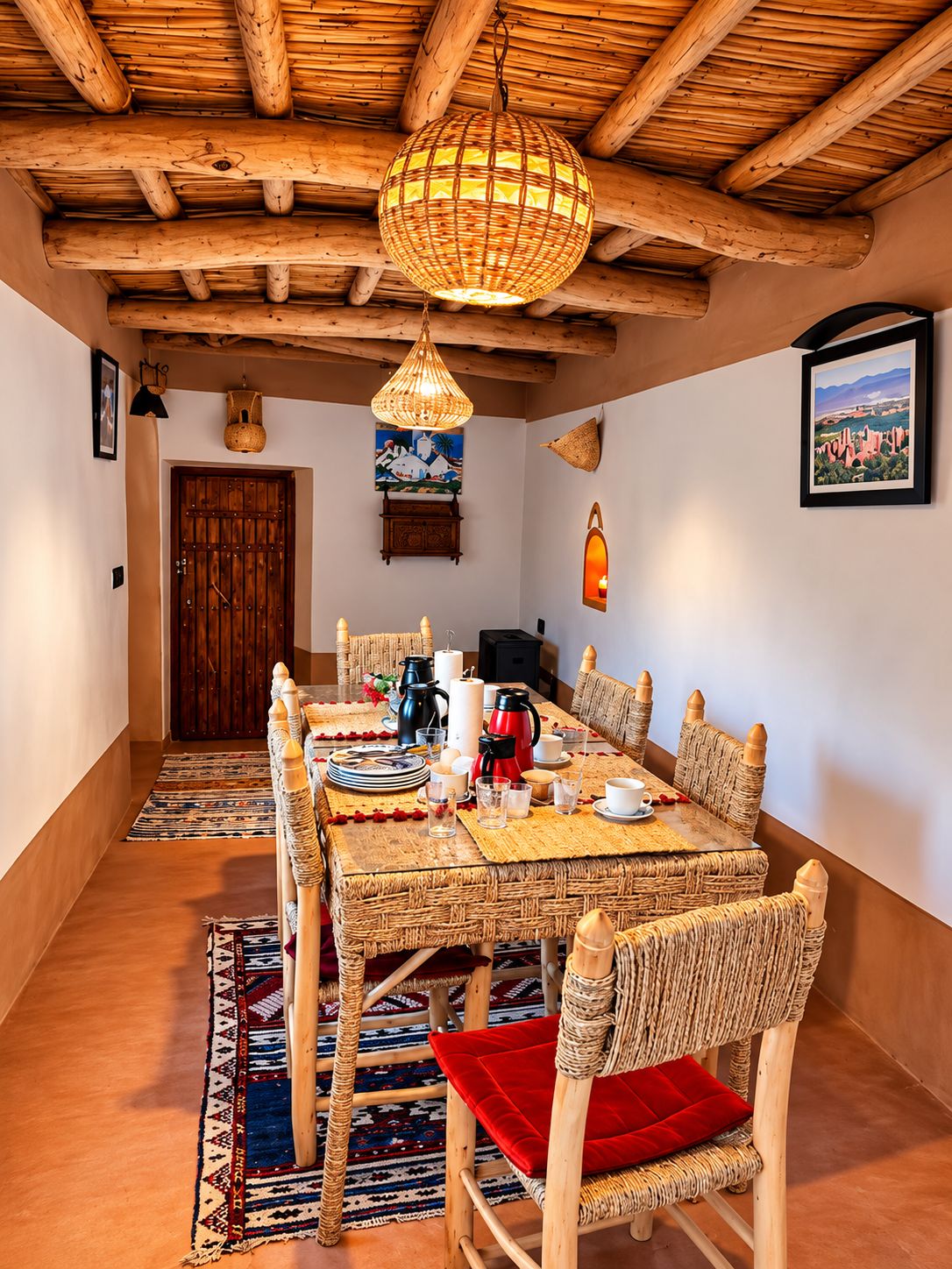 A dining area with a wooden table set for four, surrounded by wicker chairs with red cushions. A woven light fixture hangs from the ceiling, and a framed picture is on the wall.