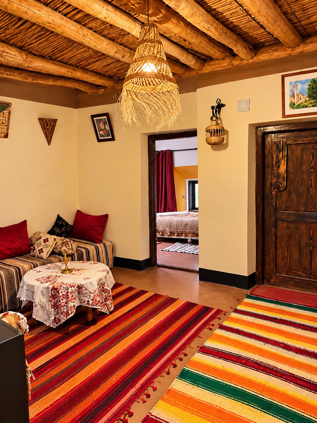 Una habitación acogedora con techo de madera, una cama con cortinas rojas, una mesa con mantel estampado y una alfombra a rayas colorida.
