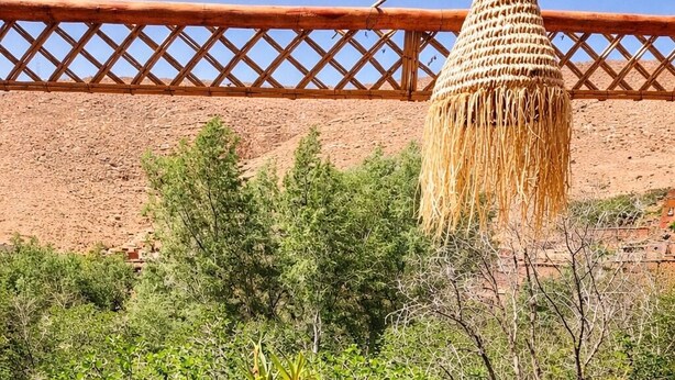 A wicker table with two chairs, a hanging lamp, and potted plants on a terrace with a view of green shrubs and a red wall. - DAR DANI café restaurant (Ait Sedrate Jbel El Soufla)