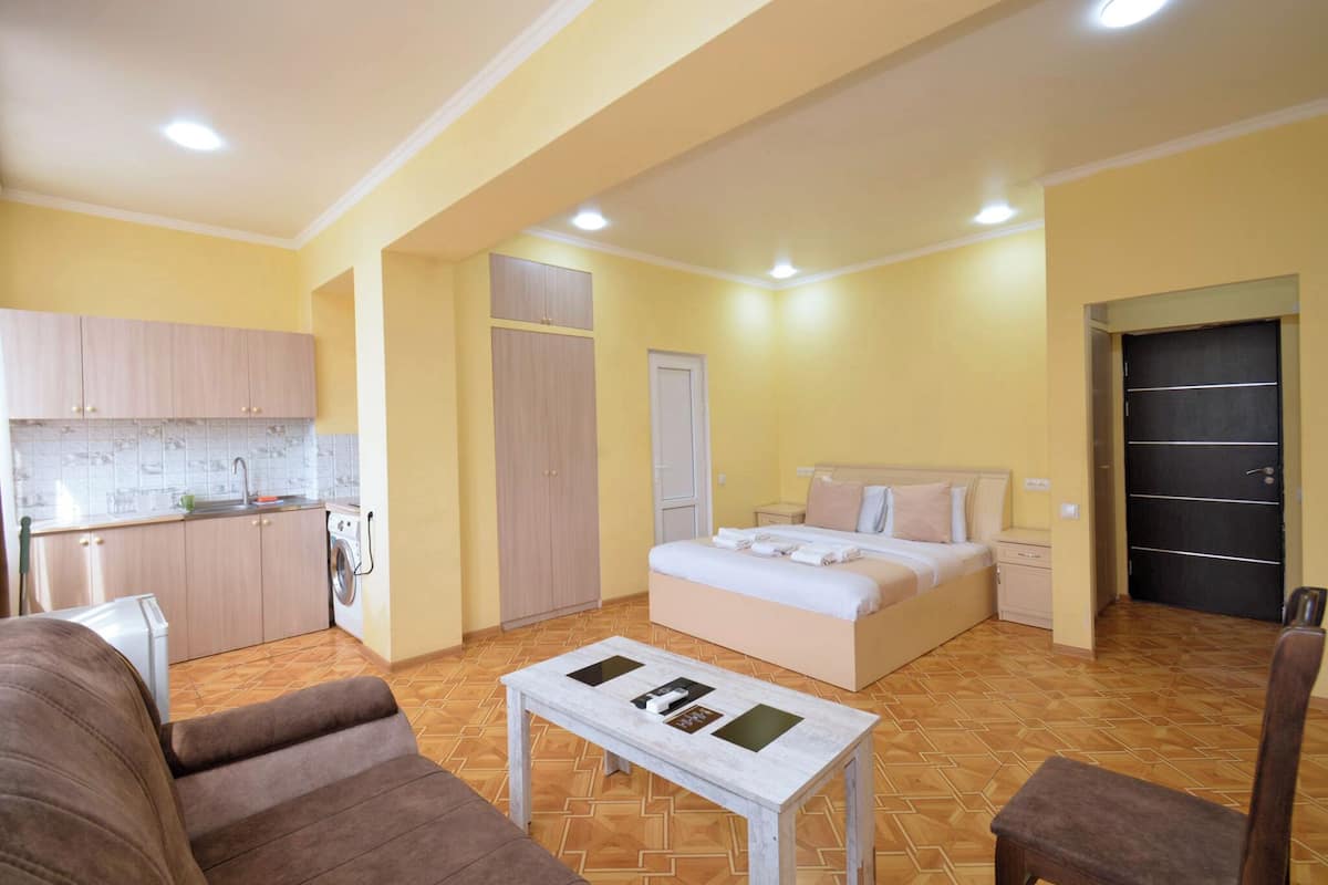 A compact room with a bed, a small table, a sofa, a kitchen area, and a wardrobe.