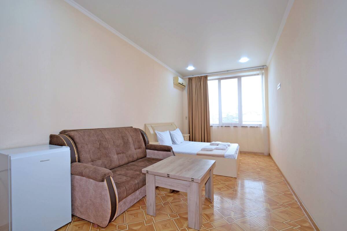 A room with a sofa, a bed, a small table, and a refrigerator.