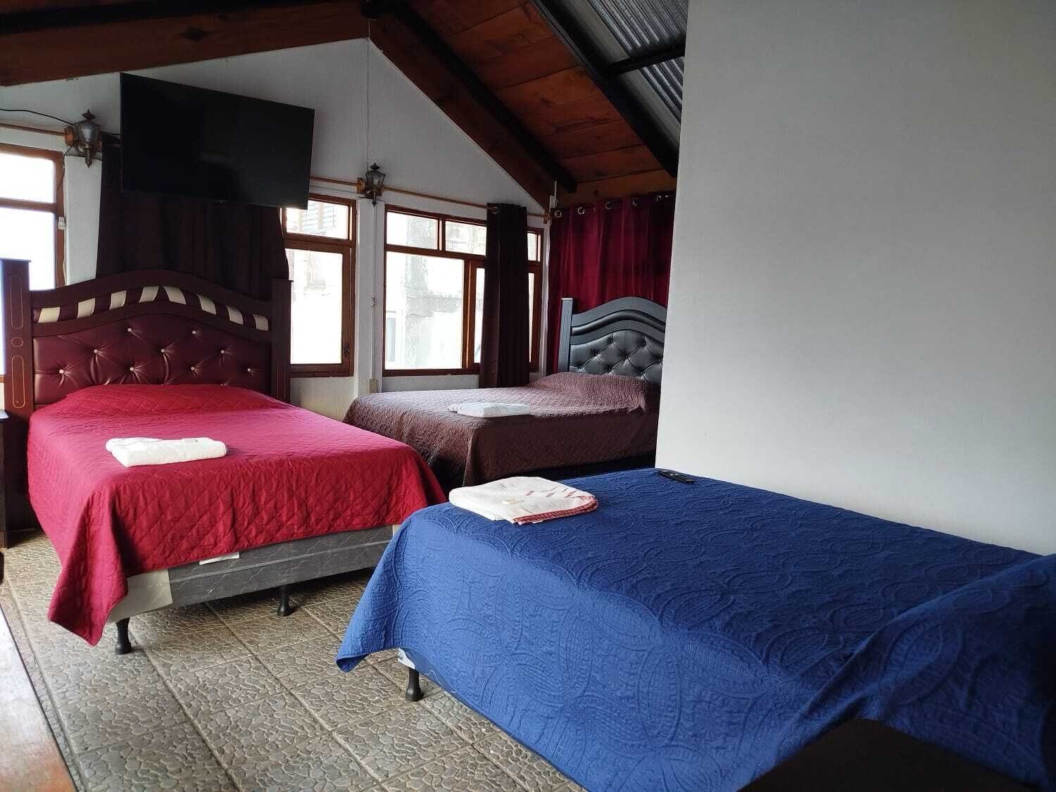 A room with two beds, a wooden ceiling, and large windows.