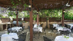 An outdoor patio with tables and chairs, a grill, and hanging lights.