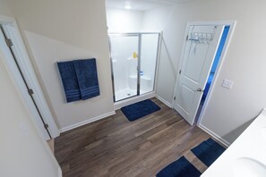 Shower, hair dryer, towels, soap -  Brand New Modern House Close To Everything Greenville SC  Offers (Greenville)