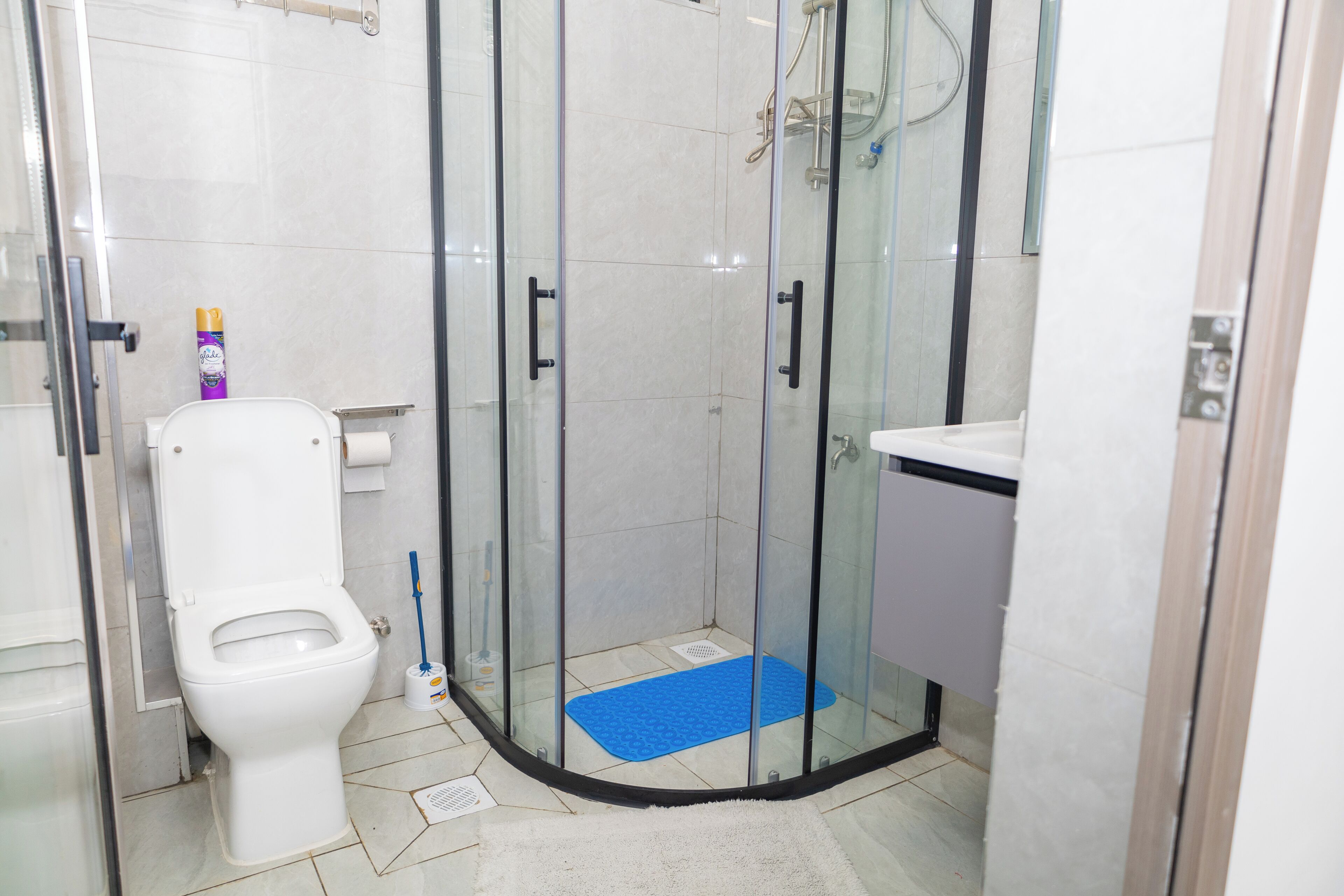 Shower, towels, soap, toilet paper
