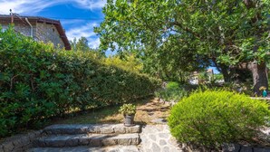 Un escalier en pierre menant à une maison dotée d’un jardin et d’un arbre.