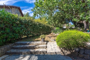 Un escalier en pierre menant à une maison dotée d’un jardin et d’un arbre.