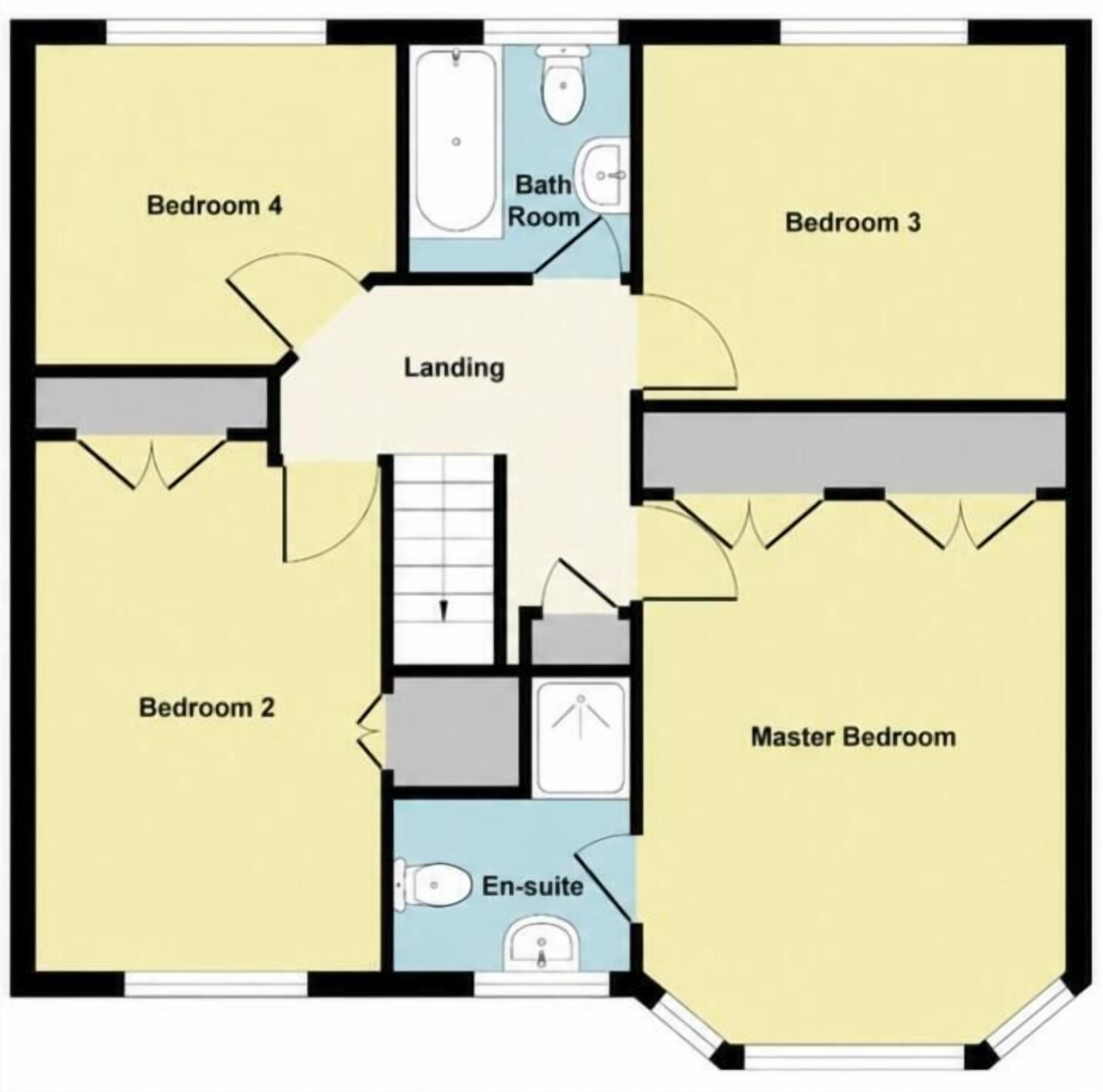 A floor plan of a hotel with four bedrooms, a master bedroom, a landing area, a bathroom, and an en-suite.