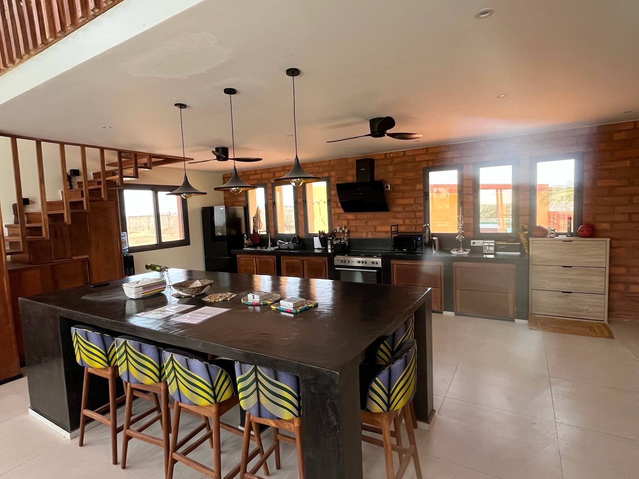 Fridge, microwave, high chair