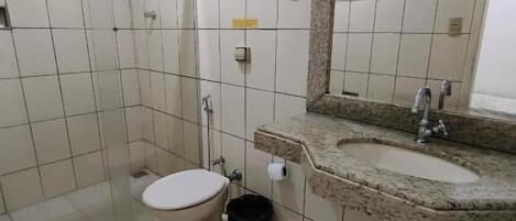 Shower, free toiletries, towels, soap
