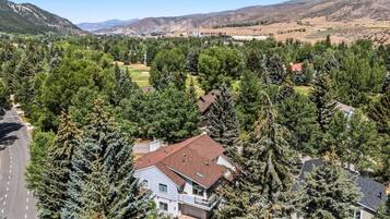 A residential area with houses surrounded by dense coniferous trees, a clear road, and a hilly landscape in the background.