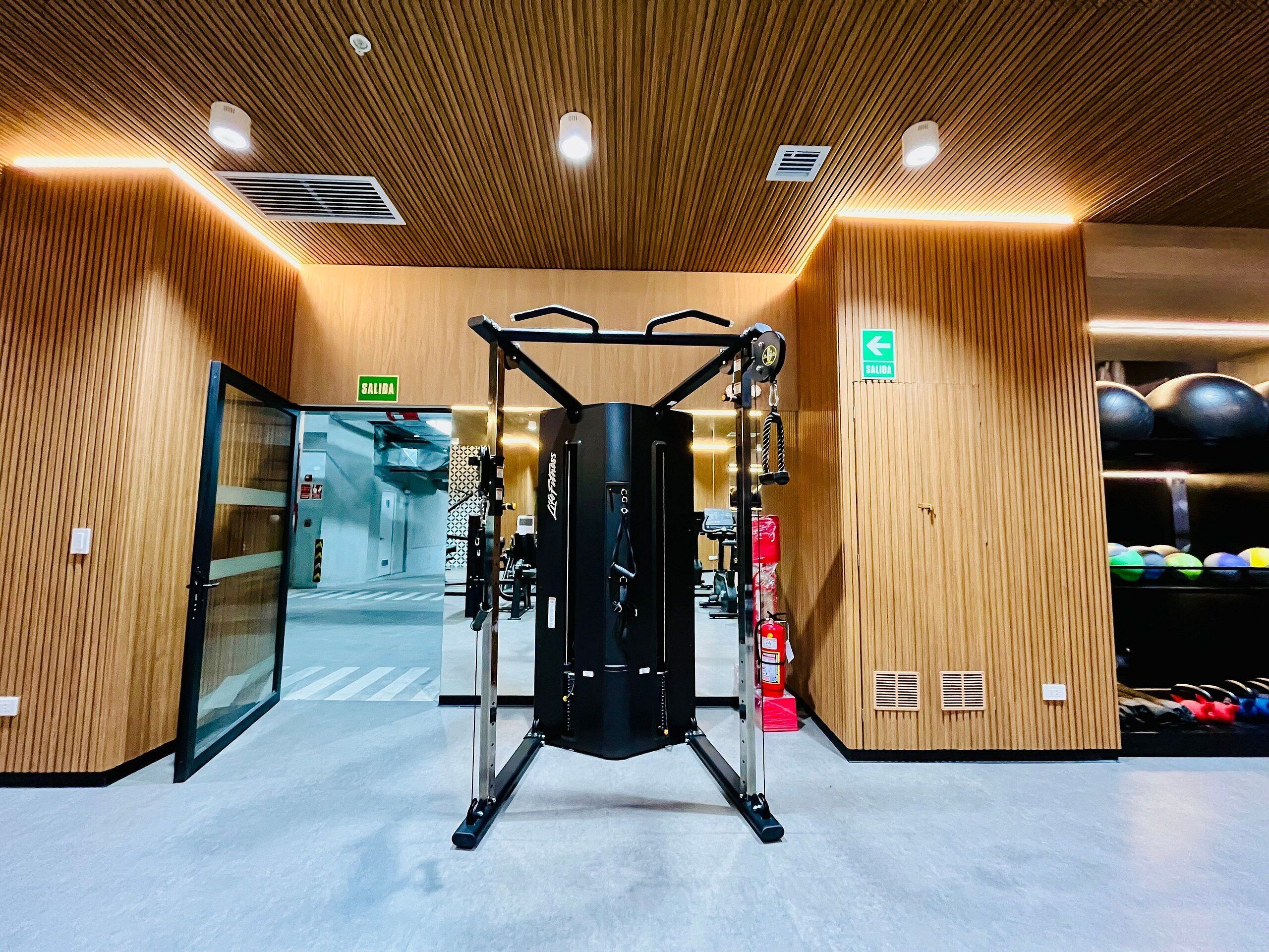 A gym with a cable machine, wooden walls, and exercise balls in the background.