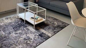 Ein modernes Wohnzimmer mit grauem Sofa, einem Glastisch, einem weißen Sessel, einem gemusterten Teppich, einer hängenden Pflanze und einem Bild an der Wand.