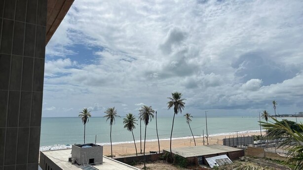 Blick auf einen Strand mit Palmen, blauem Himmel und ruhiger See.