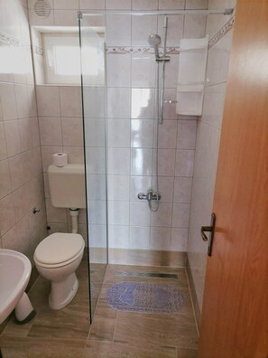 Une salle de bain dotée d’une douche à parois de verre, de toilettes et d’un bidet.