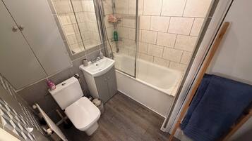 Hair dryer, towels, soap, toilet paper