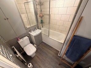 Hair dryer, towels, soap, toilet paper