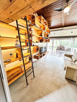 TV, fireplace, books, offices
