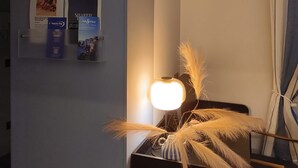 Una habitación con un panel informativo en la pared, un escritorio con lámpara y una planta decorativa.