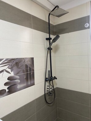 Shower, hair dryer, bidet, towels