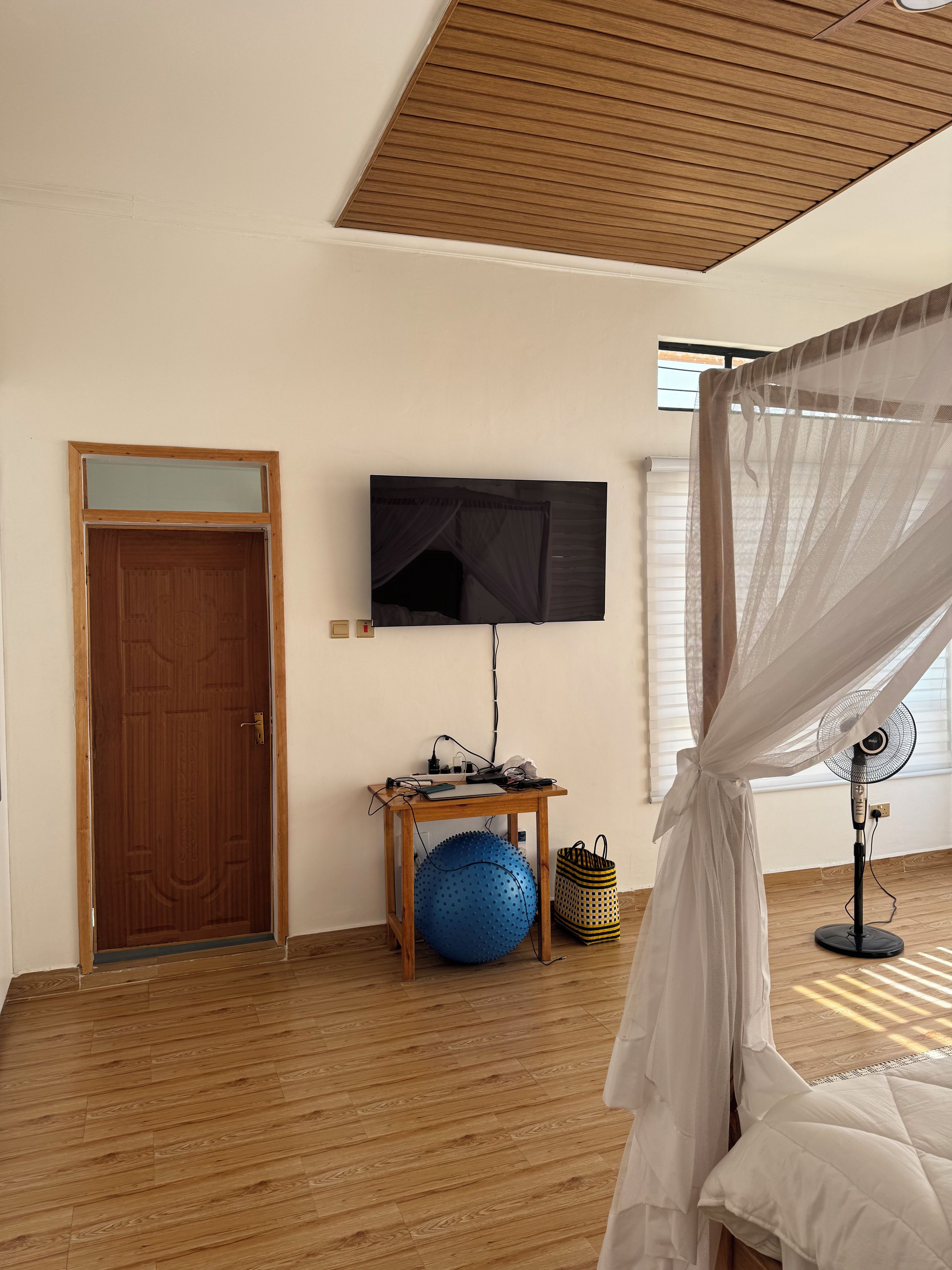 Una habitación con puerta de madera, un televisor montado en la pared, una pelota de ejercicios azul, un ventilador y una cama con dosel blanco.