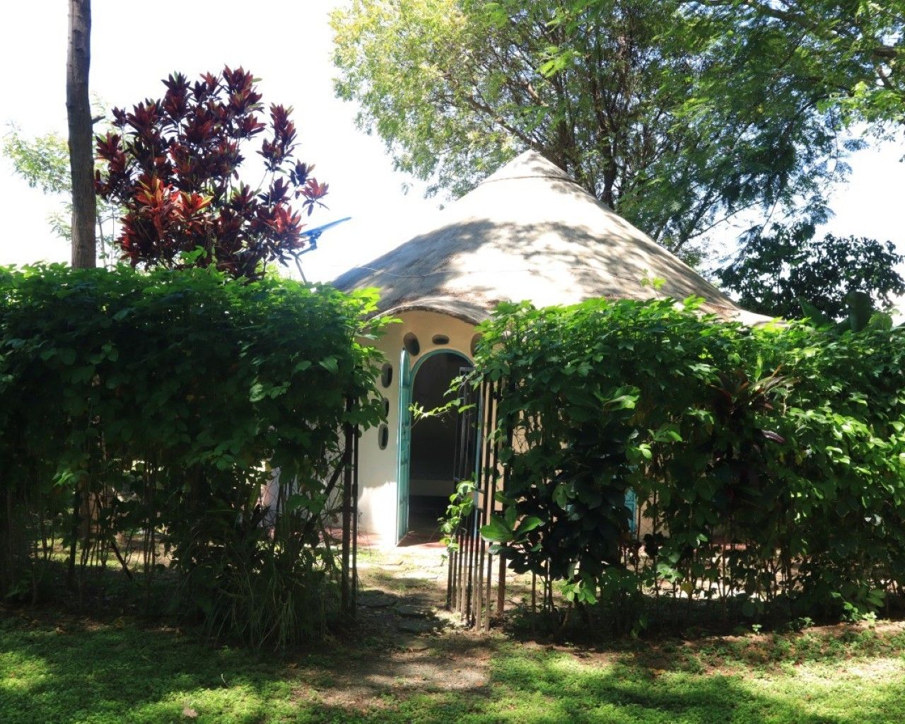 Un bâtiment doté d’un toit conique, entouré d’une végétation luxuriante et surplombé d’un ciel dégagé.
