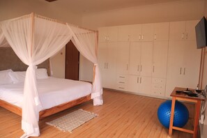Un dormitorio con cama con dosel, suelo de madera, un armario y una pelota de ejercicios azul.