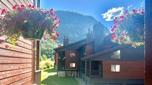 Een houten gebouw met balkon, een bloempot en uitzicht op een berg.