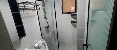 Hair dryer, towels, soap, toilet paper
