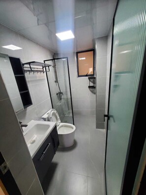 Ein modernes Badezimmer mit Duschkabine, Toilette und Waschbecken mit Spiegel darüber.