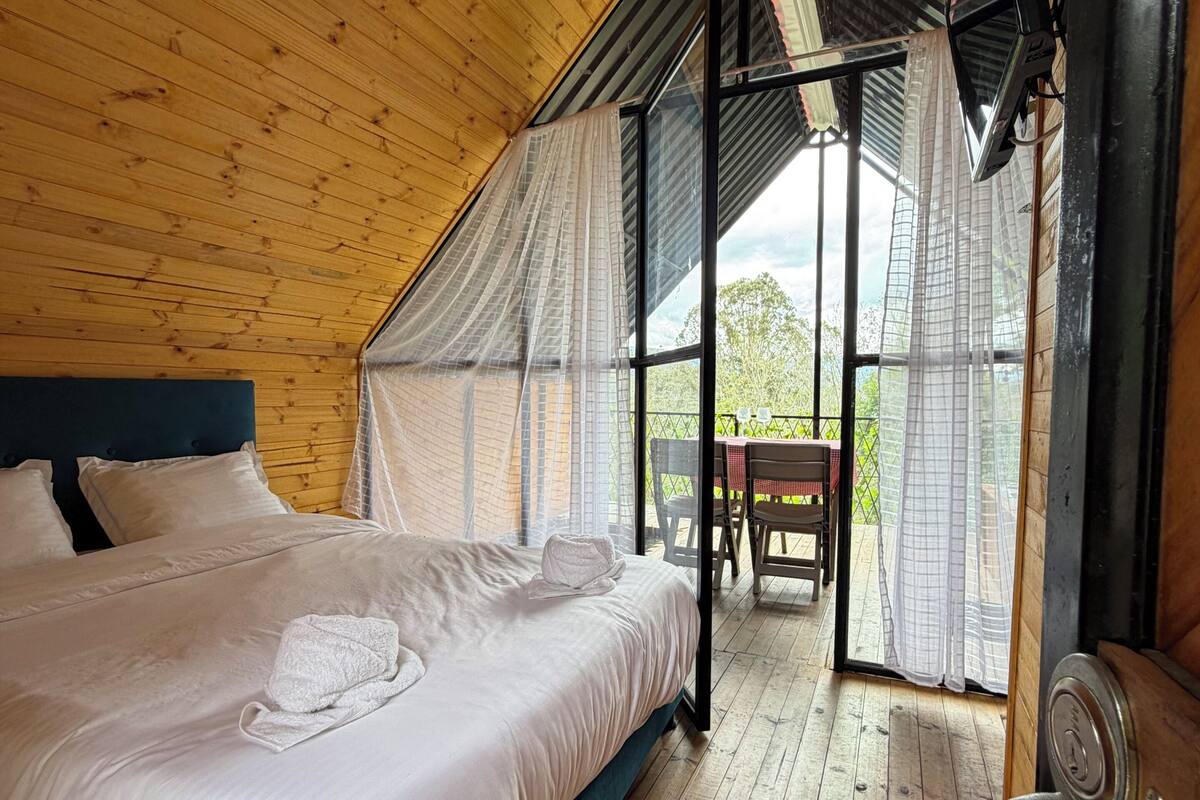 A bedroom with a bed, a wooden ceiling, a window with a view, and a door.