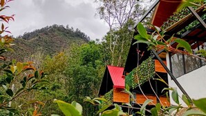 A rustic cabin with a red roof, surrounded by lush greenery and a hill in the background.