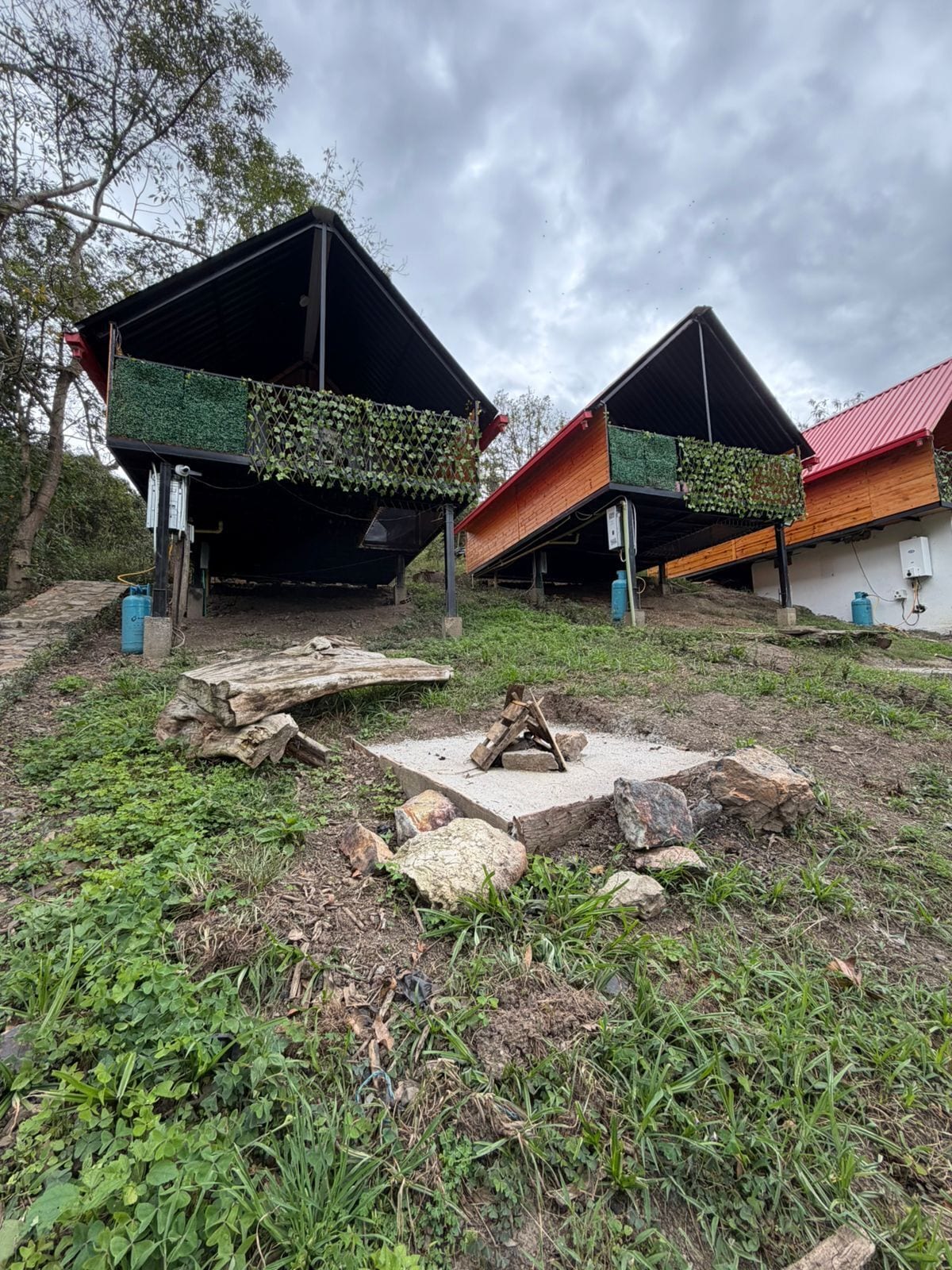Two buildings with green climbing plants on the roofs, a fire pit, and a stone structure in the foreground.