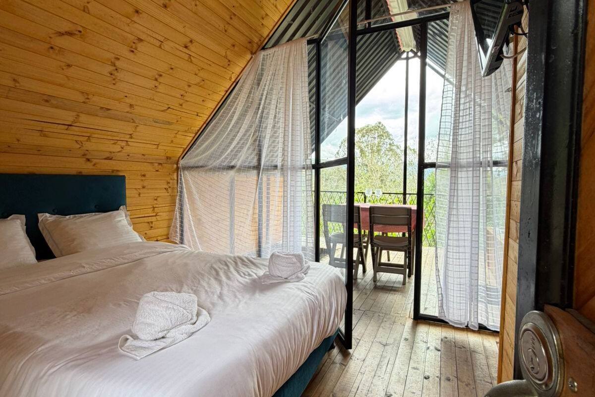 A bedroom with a bed, a window with a view, and a door.