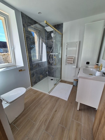Shower, hair dryer, towels, toilet paper. La P'tite Pierre